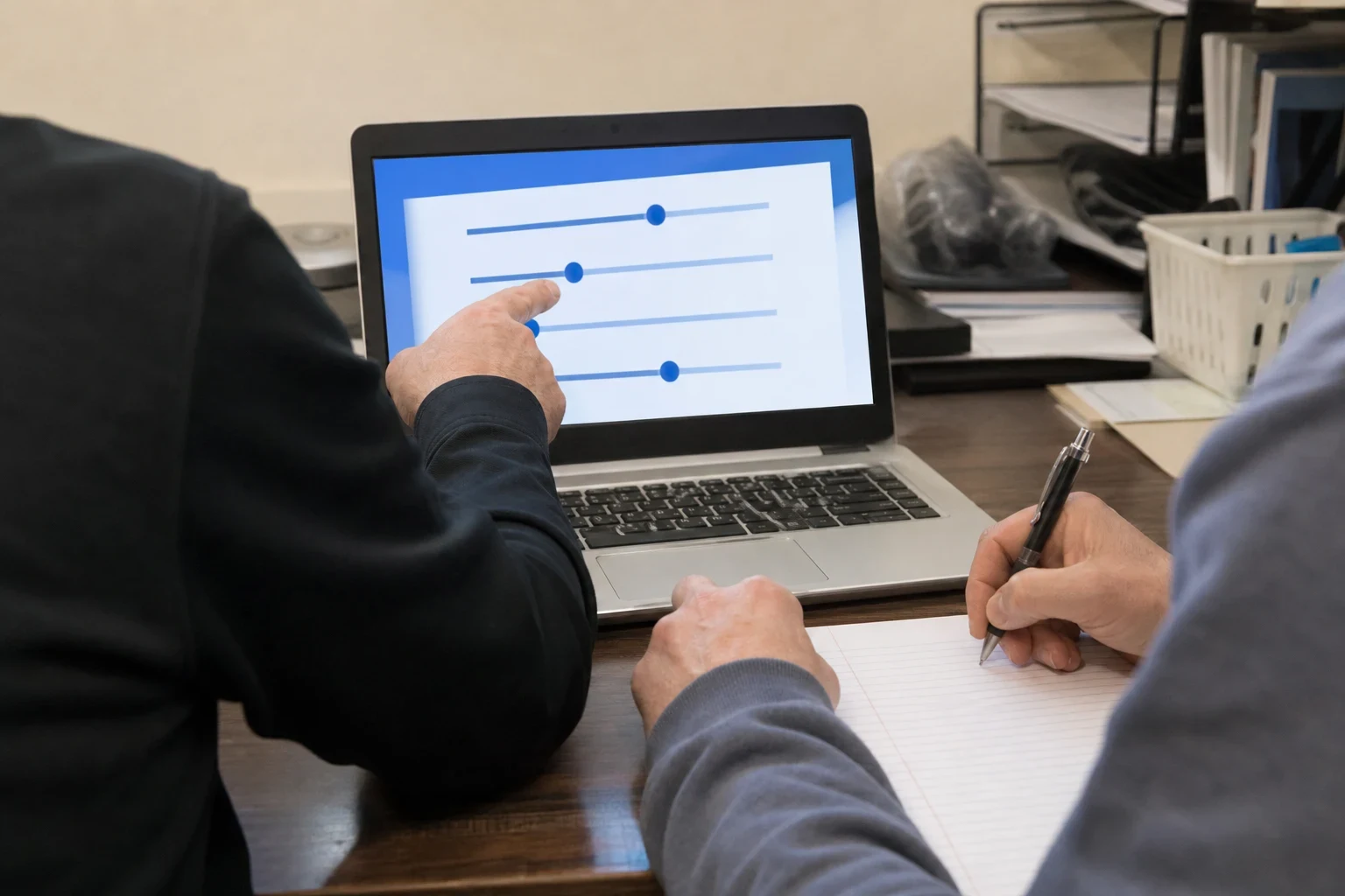 Over-the-shoulder view at an office desk: one person points to slider settings on a laptop screen while another takes notes on a lined legal pad.