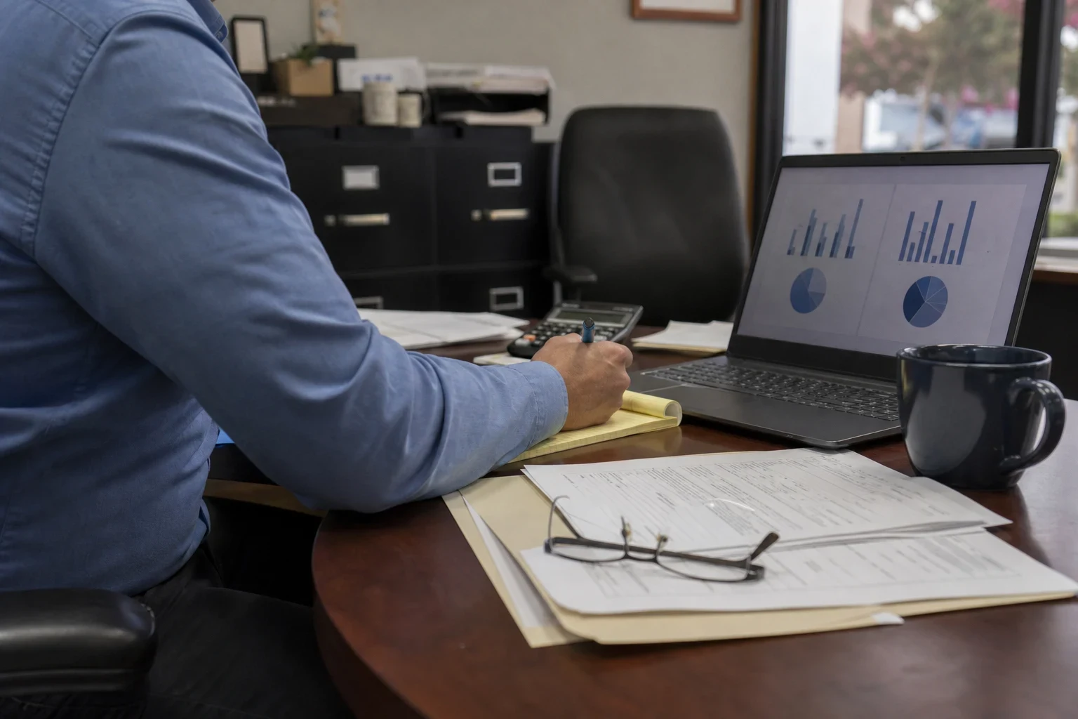 Man in a blue shirt writing on a legal pad at a wooden desk with forms, reading glasses, a calculator and a laptop showing charts in a small office