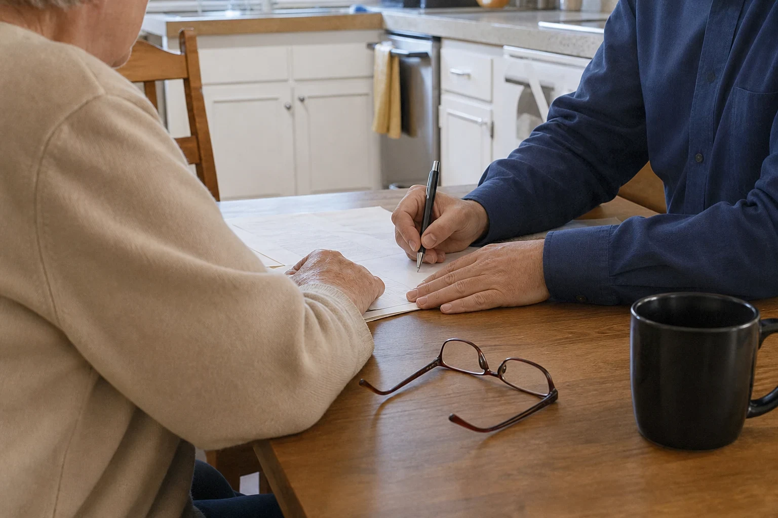 Older homeowner in a beige cardigan and a man in a navy shirt filling out a paper form at a wooden kitchen table, with reading glasses and a black mug nearby